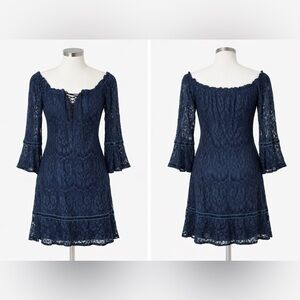 Foxiedox Navy Lace Bell Sleeve Mini Dress Women’s Medium Cocktail Party | M